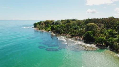 Tropical palm coastline and turquoise sea in Costa Rica on a calm sunny morning