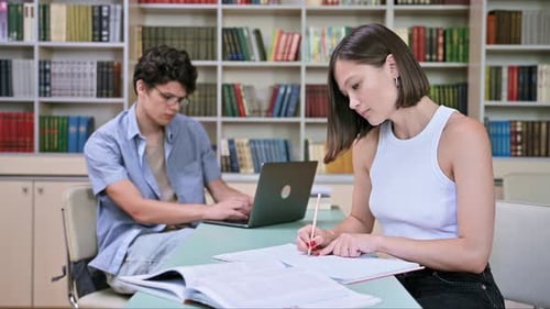 Two Students Sitting in College Library Studying Preparing for Exams