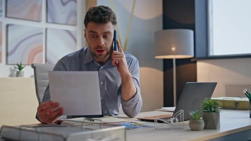 Angry Businessman Talking Smartphone in Office Closeup Nervous Man Call Phone