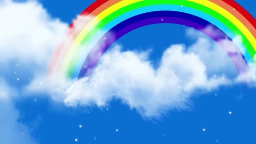 Animated Rainbow Over Moving Clouds in Blue Sky