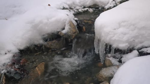 A peaceful winter scene of a small mountain stream, with clear, flowing water winding through rocky
