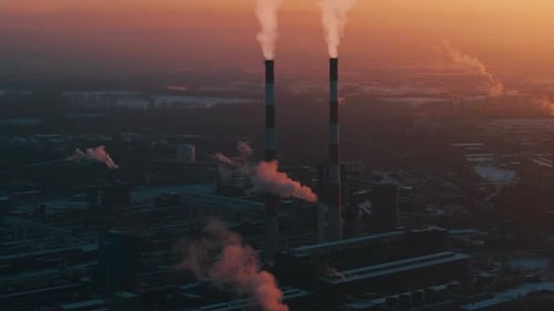 Industrial Zone at Sunrise, Emission From Smokestacks