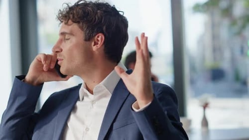 Business People Sitting Cafe Calling Cellphones Closeup Excited Man Talking