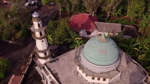 Aerial view of Mosque, palm trees, Mount Semeru, Indonesia.