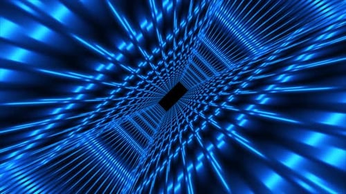 Abstract blue futuristic tunnel square rectangular grid of glowing neon lines digital beautiful