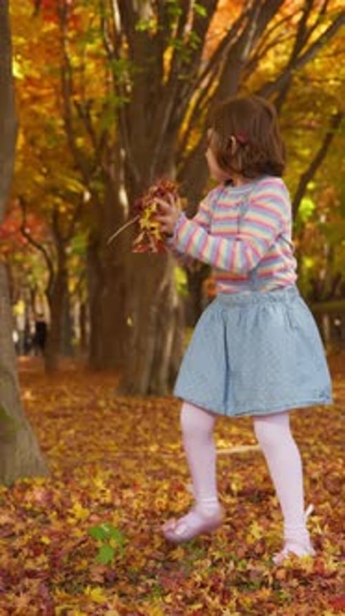 Girl plays with leaves in autumn park