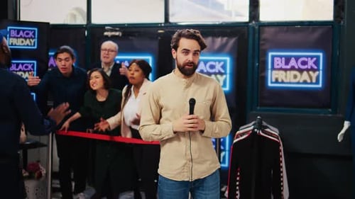Television Reporter in Crowded Store