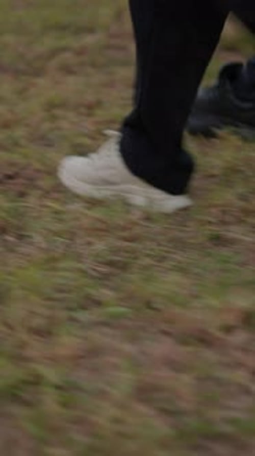 Pairs of Legs and Sneakers Walking Synchronously on the Grass Low Angle View
