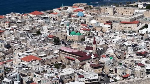 Aerial video over the old city of Acre in northern Israel