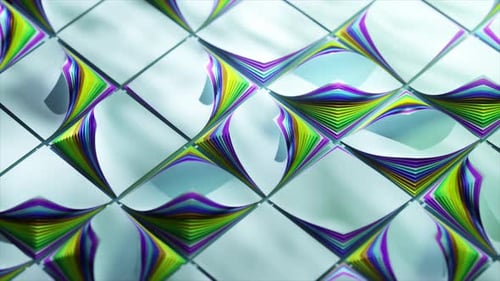 Multiple Colorful Paper Sheets are Arranged in a Wave Pattern on White Tiles Creating a Visually