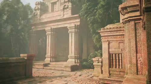 Temple abandonné serein avec des marches couvertes de mousse et des sculptures complexes au lever du soleil