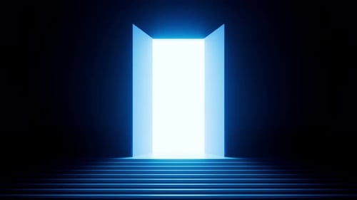 a bright white light appears in a dark room with steps after opening the double door