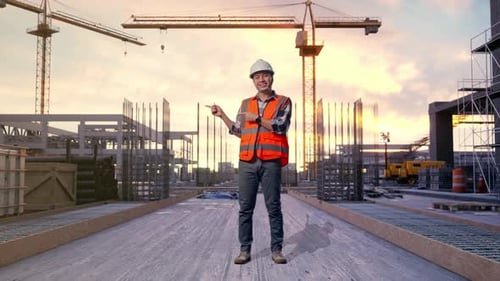 Full Body Of Asian Male Engineer Smiling And Pointing To Side at Construction Site