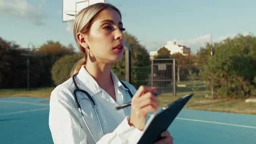 Female Doctor Taking Notes on Basketball Court