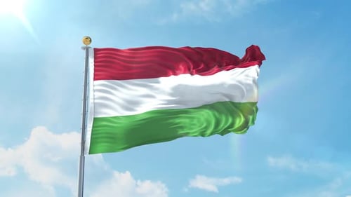 Hungarian Flag Waving in Blue Sky with Sun Flares