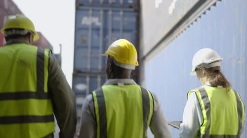 Group of professional dock worker walking out and taking with their supervisor at inside Container
