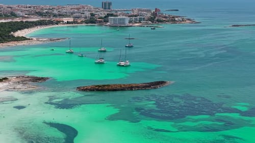 Turquoise Waters Washing Sandy Shores of Es Trenc Beach Majorca Sailboats Drifting Near Coastal