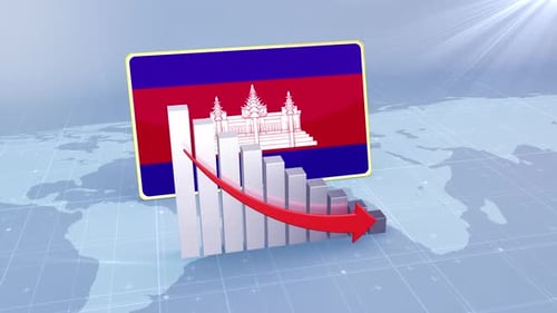 Cambodia Flag With Decrease Bar Chart Graph And Arrow Red