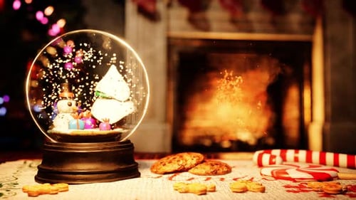 Christmas Snow Globe with Falling Snow and Cozy Fireplace