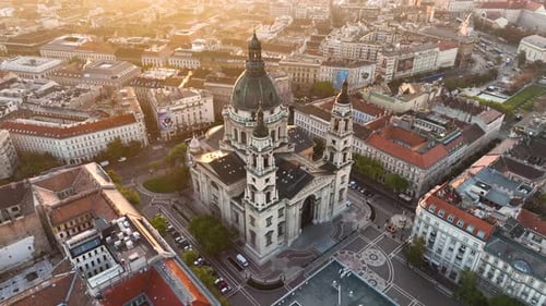 Stunning Sunrise, Aerial View Shot of Budapest city skyline, St. Stephen's Basilica, Hungary