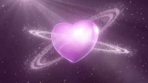 Animated 3D Heart with Glittering Rings in Cosmic Pink Background