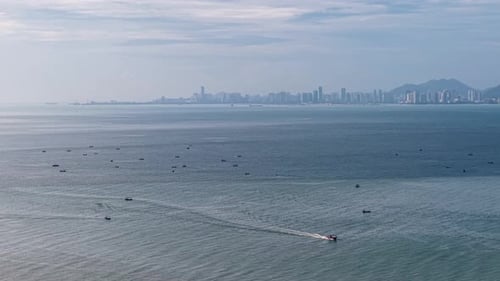 Aerial view of fisherman boats at sea near Pennag city