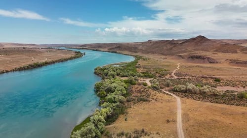 Drone Shot of River Ili and Spring Steppe in Kazakhstan