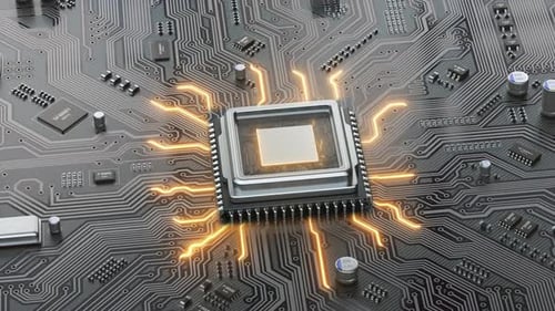 CPU Processor on Circuit Board with Glowing Data Flow