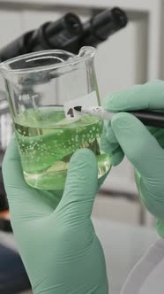 Unrecognizable Scientist Labeling Flask Containing Green Fluid in ...
