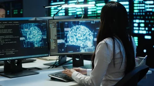 Teamworking Colleagues Inspect Data Center Used for Machine Learning