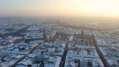 Aerial Old town square in the city of Krakow in winter during Christmas.
