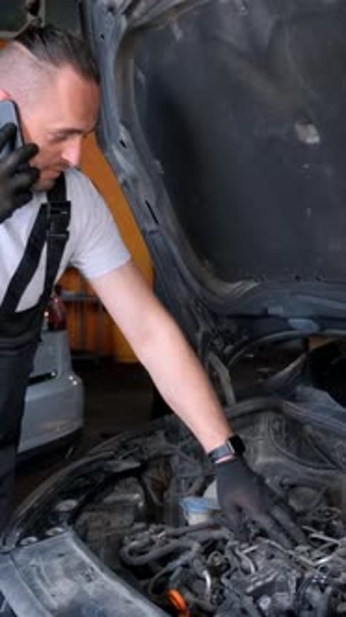 European Car Mechanic Man Talking on the Phone Maintenance of Vehicles Vertical Video