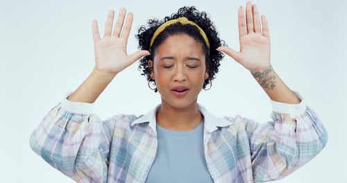 Hands, praying and woman in studio for worship, thank you and gratitude to God against white