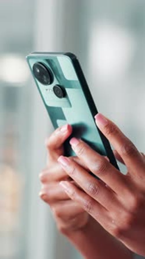 Communication, hands and phone with business person in office for social media or text message