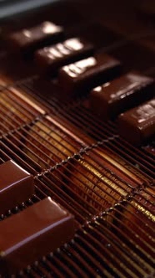 Tasty sweets are moving along conveyor to get rid of chocolate surplus.