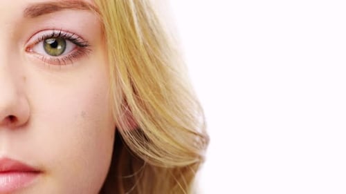 Skincare, overlay and half face of woman in studio with beauty, natural