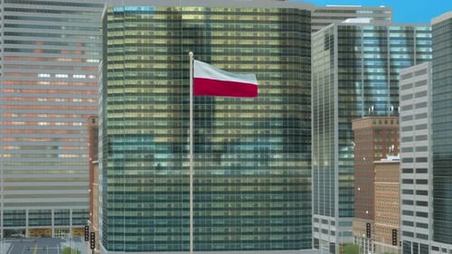 3D-Renderanimation der polnischen Flagge auf einer Stange mit modernen Gebäuden im Geschäftsviertel