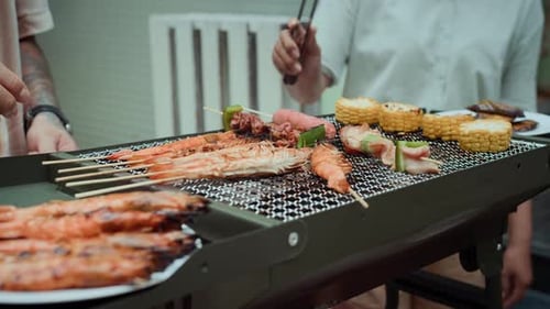 Shrimp Skewers and Corn Barbecue on Grill