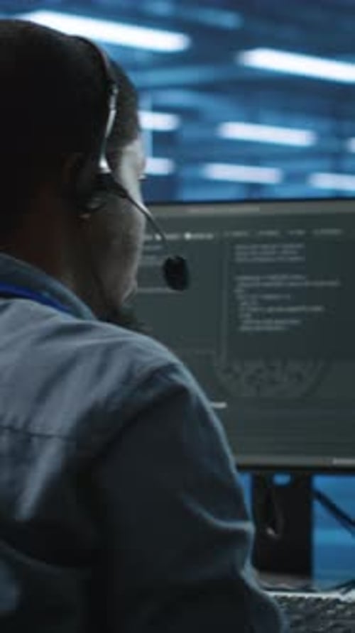 Vertical Video IT Support Worker in Data Center Talking in Headset Mic with Coworkers