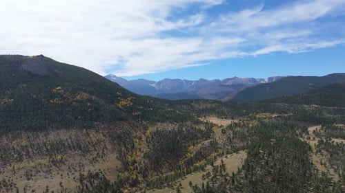 Aerial pull back from beautiful mountain scenery of Rocky Mountain National Park, Colorado.