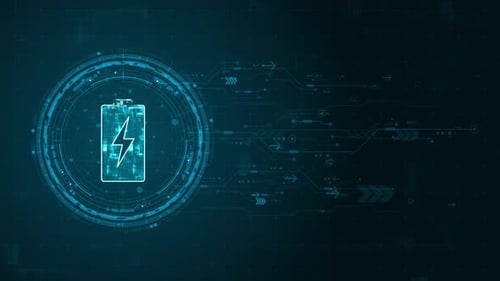 Blue digital battery logo and circle futuristic HUD elements with flowing arrows