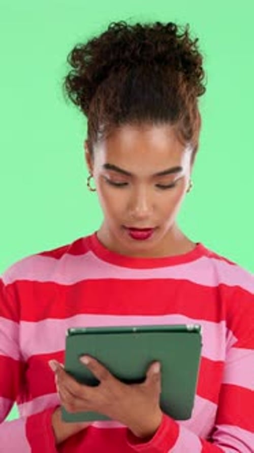 Smile, woman and student with tablet on green screen for research, education results