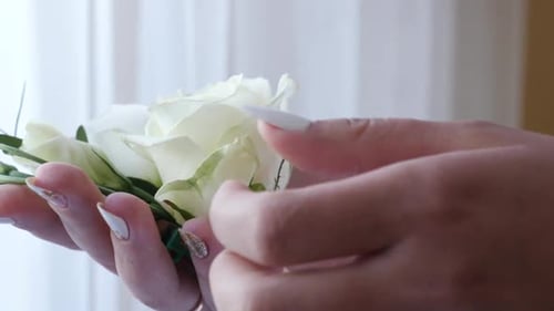 Woman Gently Holds White Rose Wedding Boutonniere