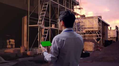 Asian Male Holds A Phone's Green Screen At Building Site