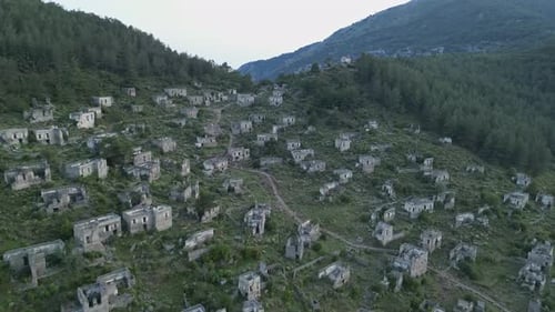 Diagonal Drone View of Ruined Kayakoy Church in Turkey