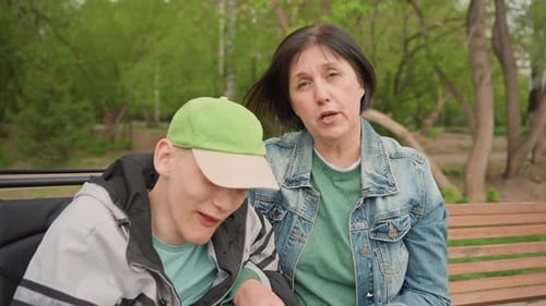 Reflective Park Chat Serene Environment Featuring Wheelchair User And Caregiver Engaged In