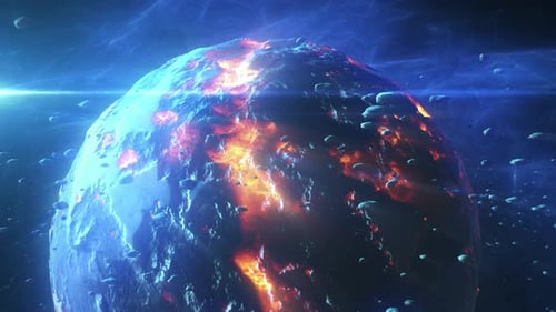 Zerstörter Planet im Weltraum mit Asteroiden und Sonneneruptionen