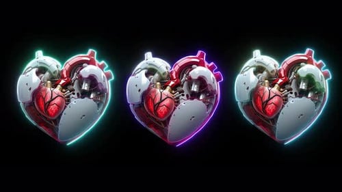 Digital 3d Heart Animation On Black Background. 3d Heat Beating On Alpha Channel. Robotic Futuristic