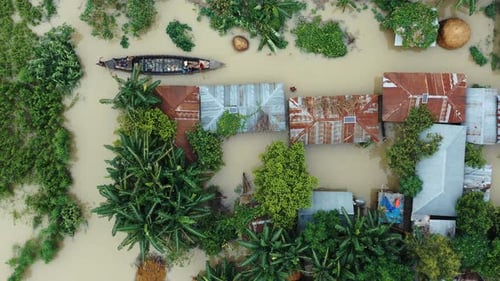 Aerial view of flooded village, Bangladesh.
