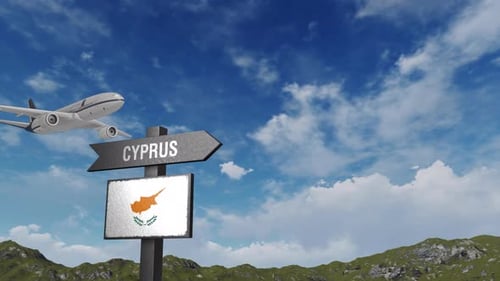 Cyprus Flag With Airplane And Arrow Sign